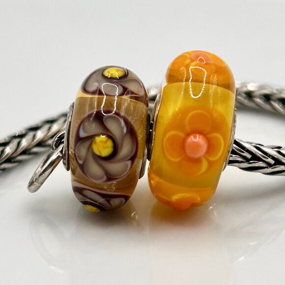 TROLLBEADS Lot of 2 UU Yellow & Brown Textured Flower Swirl Uniques LAA 925S - Picture 4 of 5